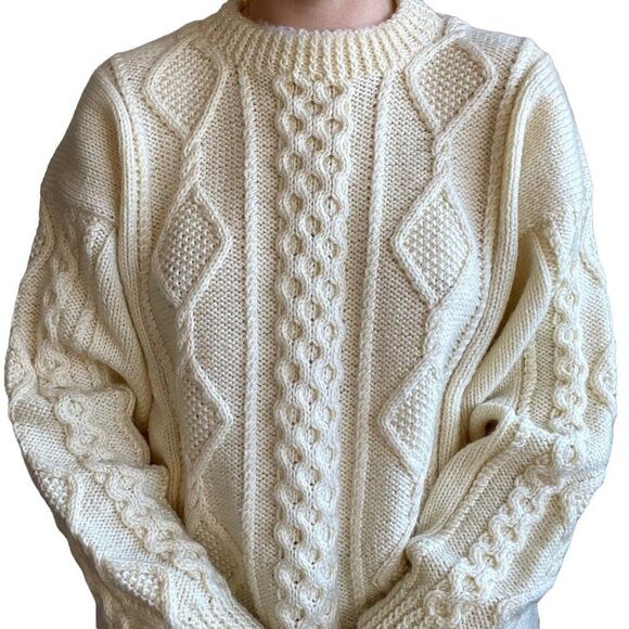Vintage Womens Hand Knit White Fisherman Crew Oversized Winter Chunky Sweater XL - Picture 5 of 7
